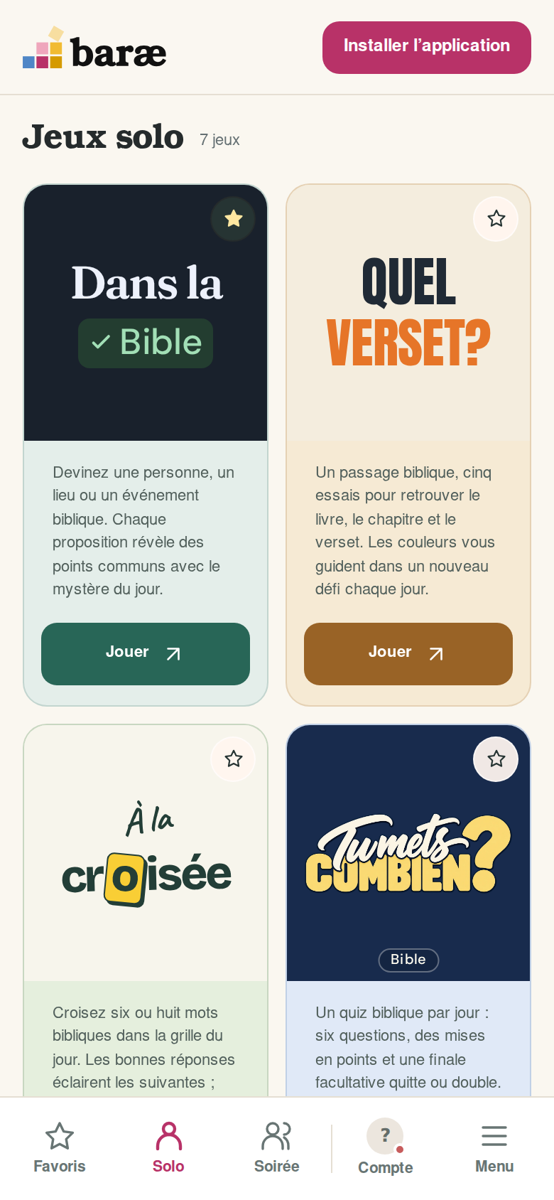 Capture réelle de l’application BARÆ : écran Jeux solo et navigation.