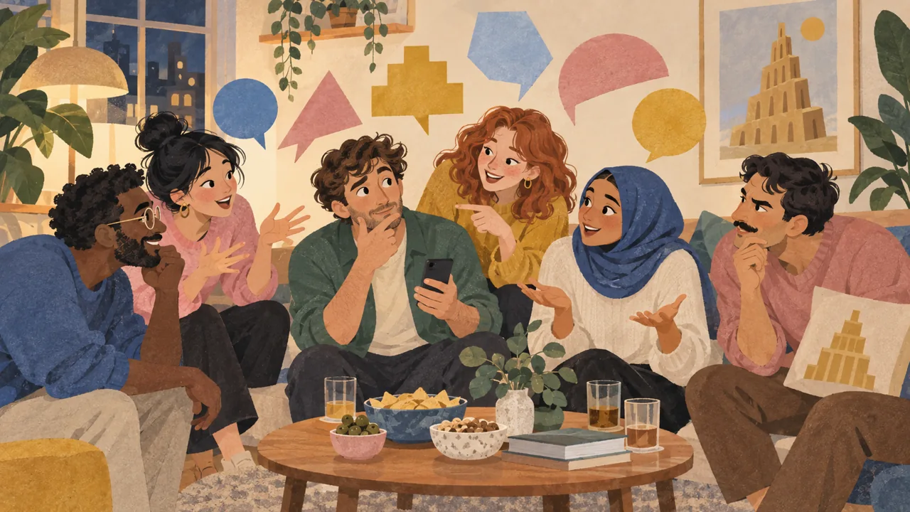Ilustración de seis amigos conversando alrededor de un teléfono compartido