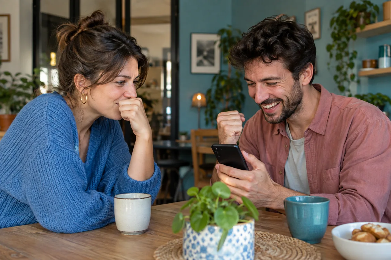 Deux amis partagent un défi de mots autour d’une petite table.