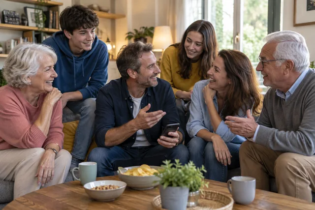 Plusieurs générations d’une famille partagent un moment de jeu à la maison.
