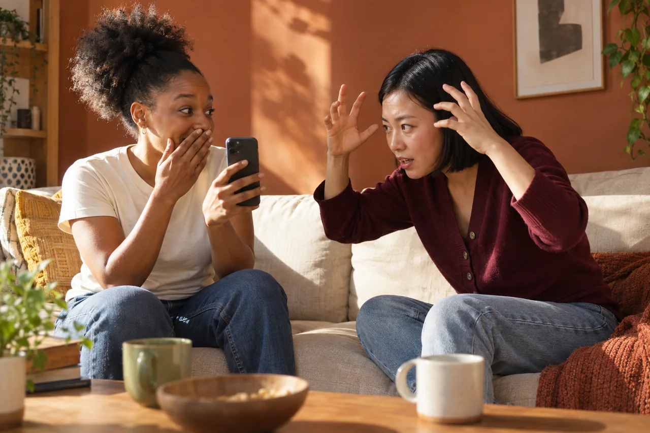 Deux amies partagent un défi de mots, assises dans un canapé.