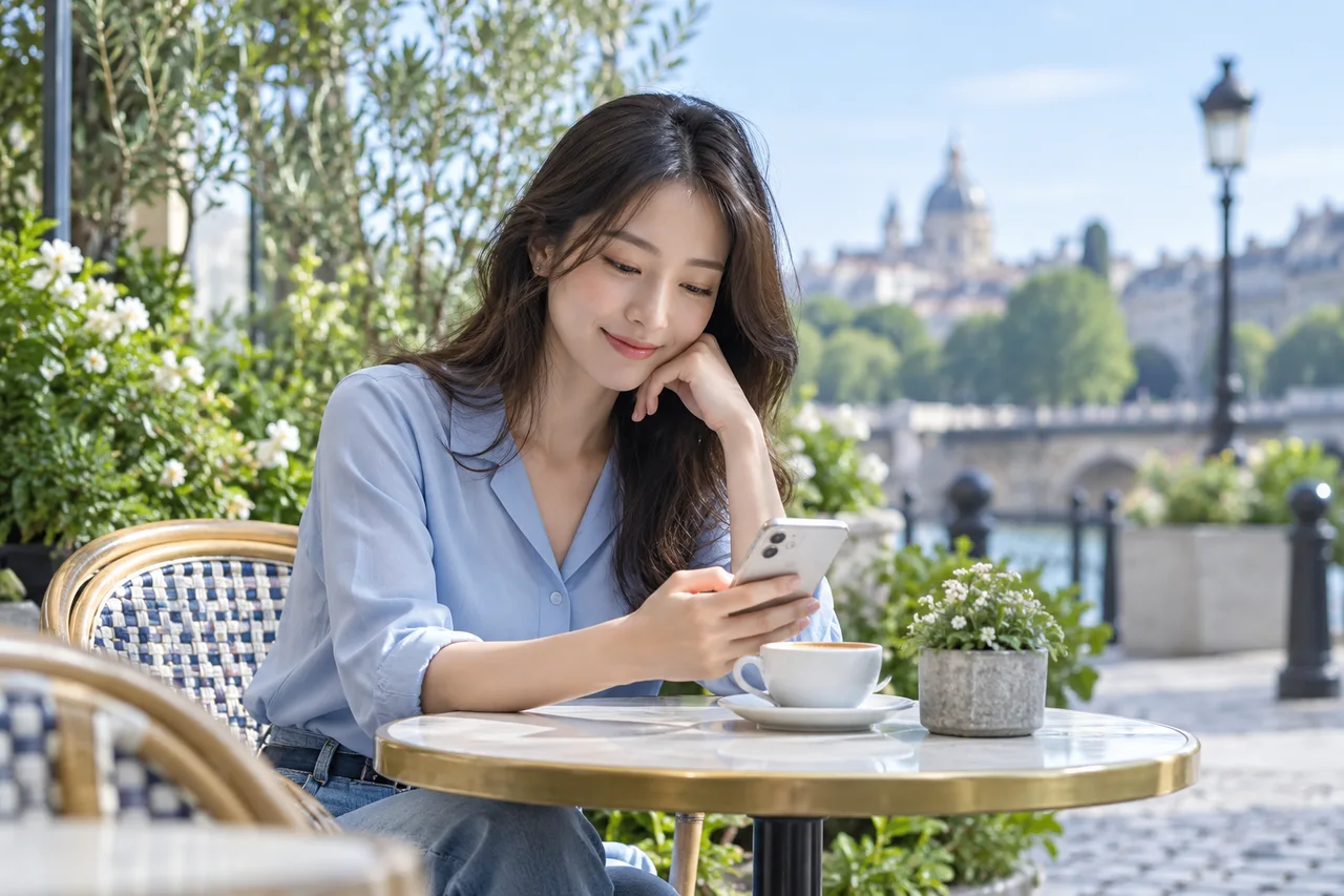 Une femme profite d’une pause sur son téléphone à la terrasse d’un café.