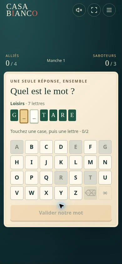The partially revealed word and the keyboard for the group's answer.