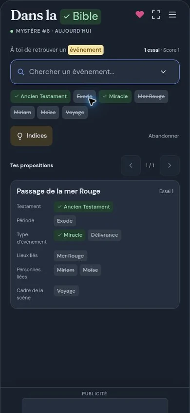 Une proposition dans Dans la Bible, avec les caractéristiques communes et celles écartées.