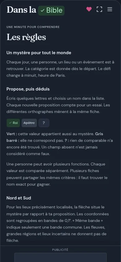Les règles de Dans la Bible expliquent les propositions et les indices.