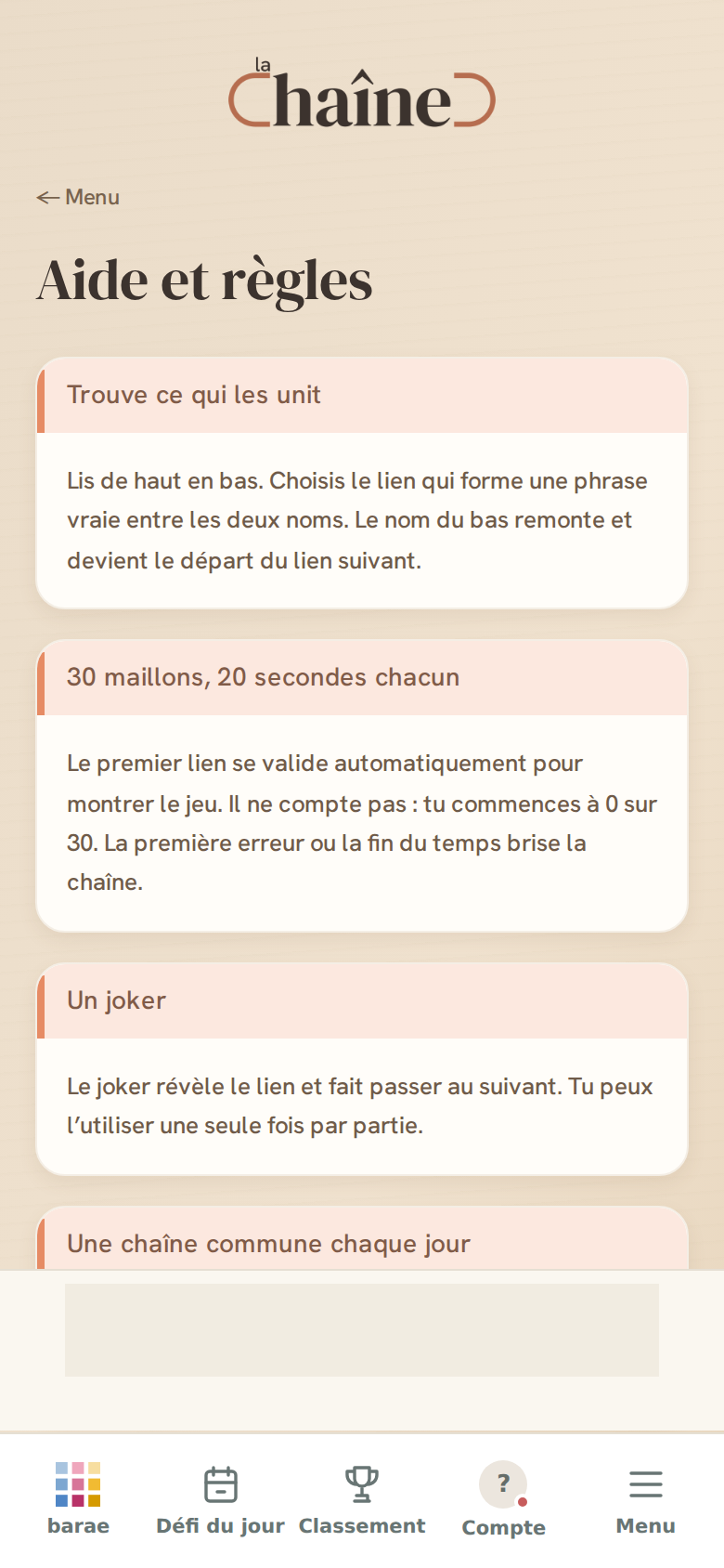 La Chaîne: the rules in the actual BARÆ app.