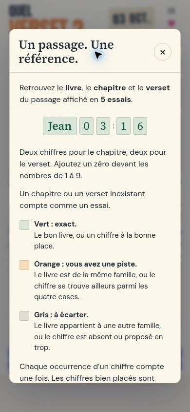 Les règles de Quel verset ? et la signification des trois couleurs.